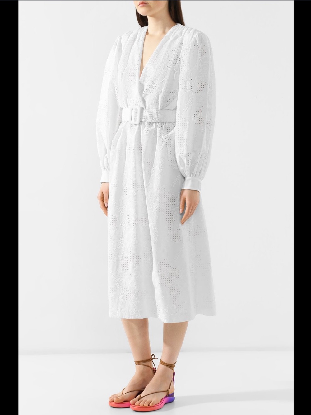 Off-White c/o Virgil Abloh White Eyelet Embroidered Midi Dress with Puff Sleeves